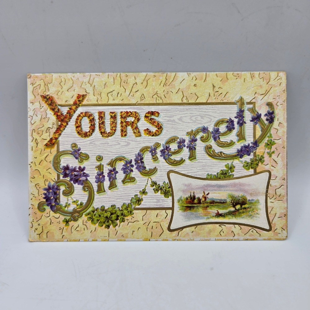 Antique Yours Sincerely Embossed Postcard Windmill Violets Printed in Germany